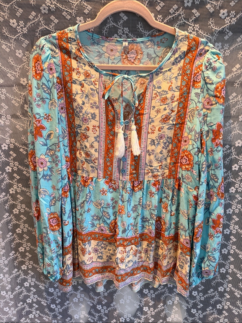 Floral Tassel-Front Peasant Blouse in Aqua and Cream